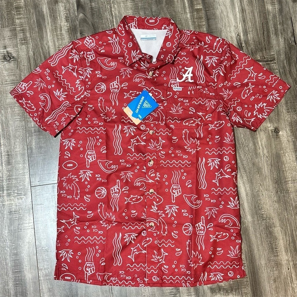 Columbia PFG Alabama Crimson Tide Camp‎ Shirt Men's S Red Aloha Print SEC NCAA